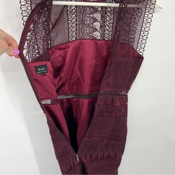 Bardot Mariana Dress in Burgundy Lace Overlay Crochet Cut Out High Neck 4 - Picture 9 of 13
